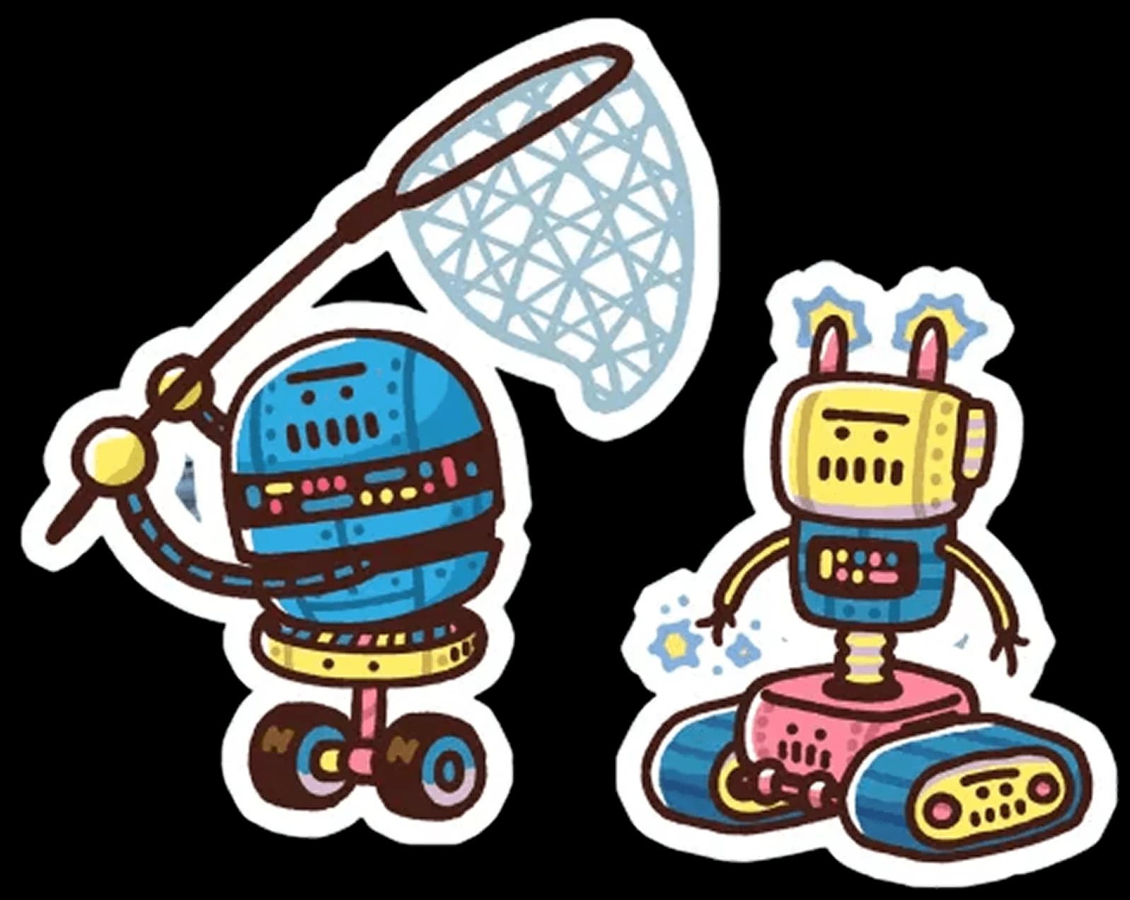 Two robot guards posed with capture nets